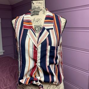 Shinestar Womens Striped Sleeveless Button Up with tie on waist